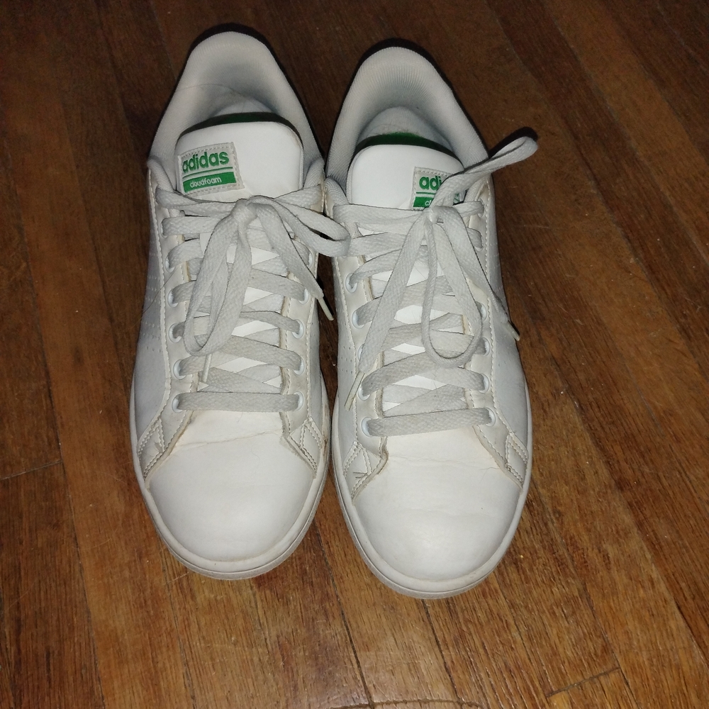 Adidas Cloudfoam White Low-Top Sneakers with Green Accents